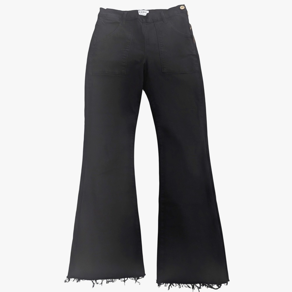 FRAME Le Flare de Francoise Jeans Film Noir Black High Rise Raw Hem Wmns Size 29